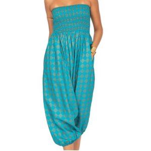 NWT Harem Hippie Pants / Romper Jumpsuit Jumper / 2 in 1 / Turquoise & Gold